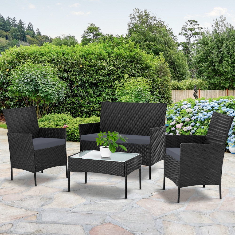 Gardeon Garden Furniture Outdoor Lounge Setting featuring two armchairs, a two-seater sofa, and a matching table in a stylish wicker design.