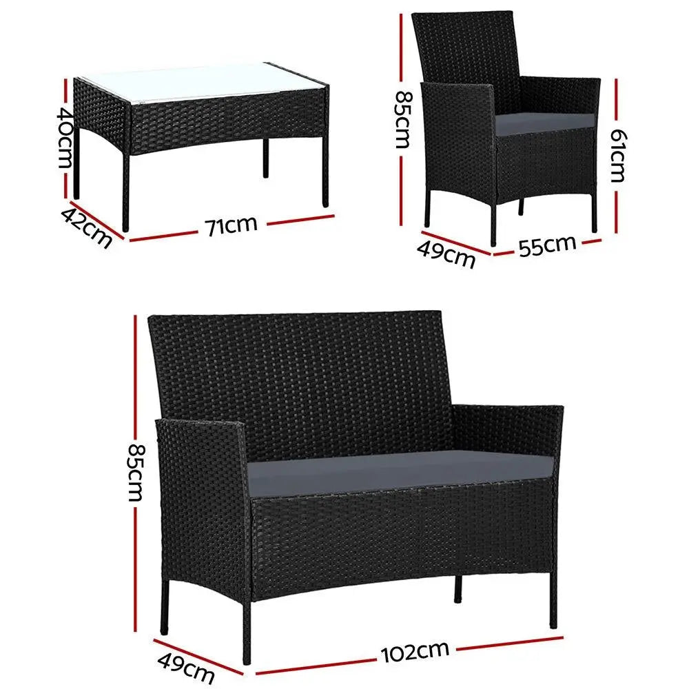 Gardeon Garden Furniture Outdoor Lounge Setting featuring two armchairs, a two-seater sofa, and a matching table in a stylish wicker design.