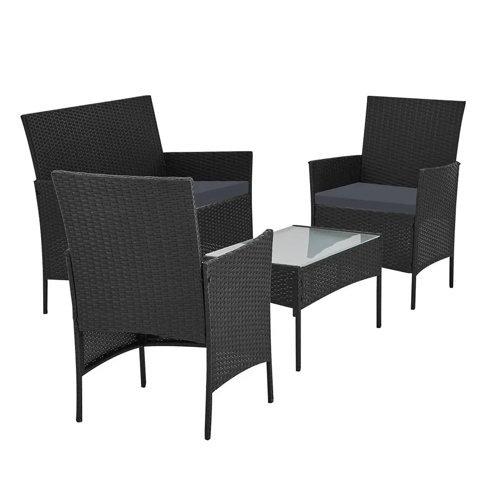 Gardeon Garden Furniture Outdoor Lounge Setting featuring two armchairs, a two-seater sofa, and a matching table in a stylish wicker design.