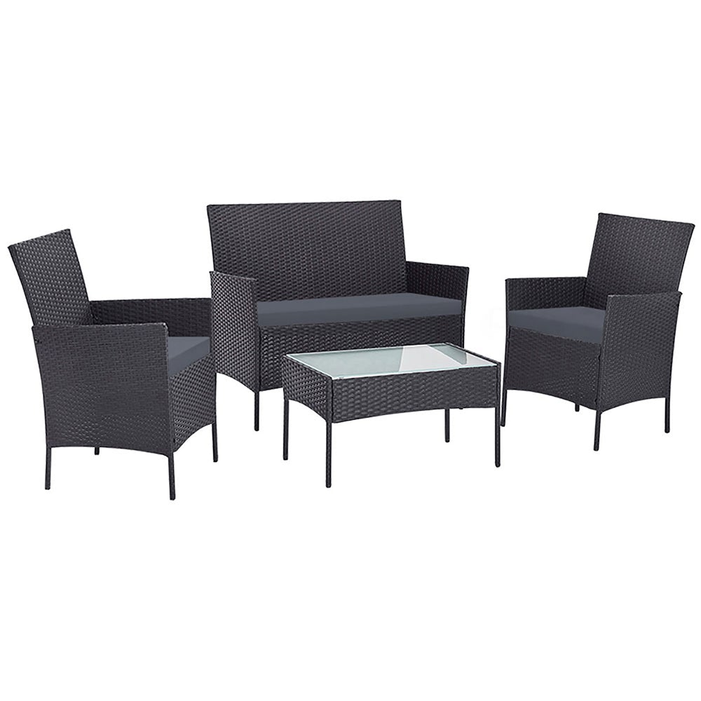 Gardeon Garden Furniture Outdoor Lounge Setting featuring two armchairs, a two-seater sofa, and a matching table in dark grey wicker design.