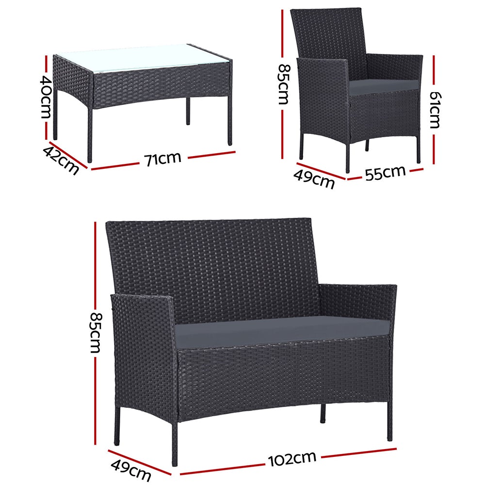 Gardeon Garden Furniture Outdoor Lounge Setting featuring two armchairs, a two-seater sofa, and a matching table in dark grey wicker design.