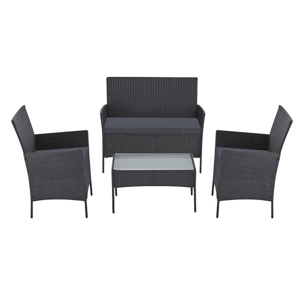 Gardeon Garden Furniture Outdoor Lounge Setting featuring two armchairs, a two-seater sofa, and a matching table in dark grey wicker design.