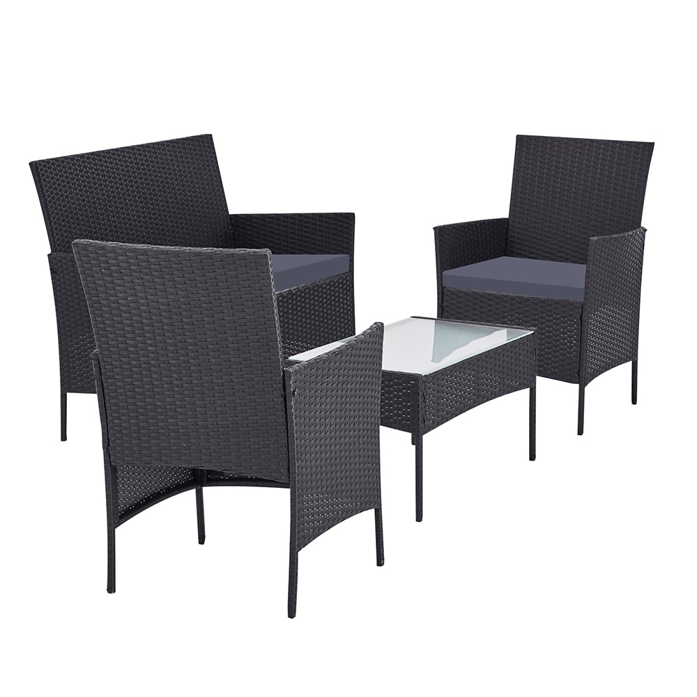 Gardeon Garden Furniture Outdoor Lounge Setting featuring two armchairs, a two-seater sofa, and a matching table in dark grey wicker design.