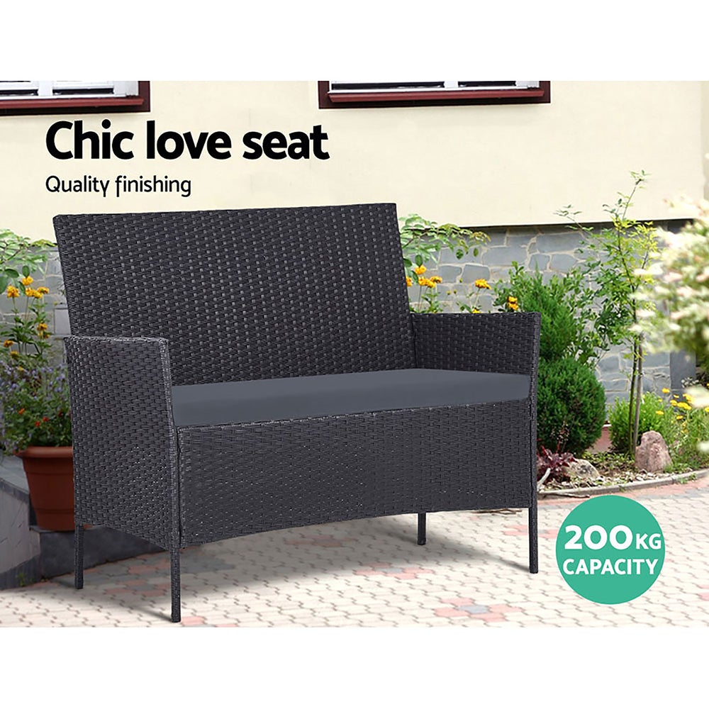 Gardeon Garden Furniture Outdoor Lounge Setting featuring two armchairs, a two-seater sofa, and a matching table in dark grey wicker design.