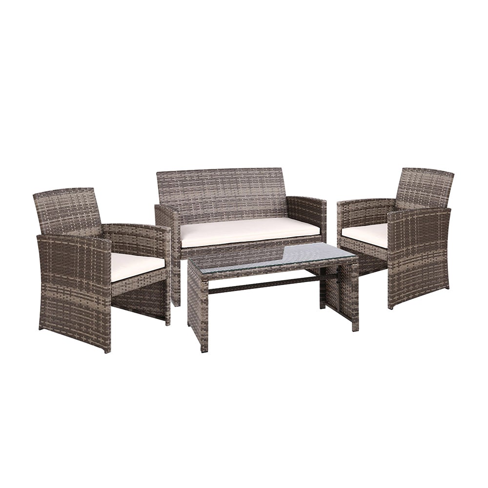 Gardeon Garden Furniture Outdoor Lounge Setting featuring a wicker sofa set with two armchairs, a two-seater sofa, and a matching table in grey and beige.