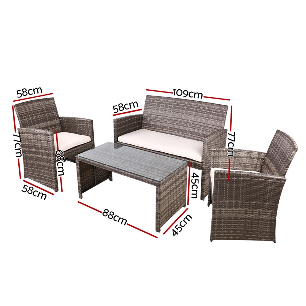 Gardeon Garden Furniture Outdoor Lounge Setting featuring a wicker sofa set with two armchairs, a two-seater sofa, and a matching table in grey and beige.