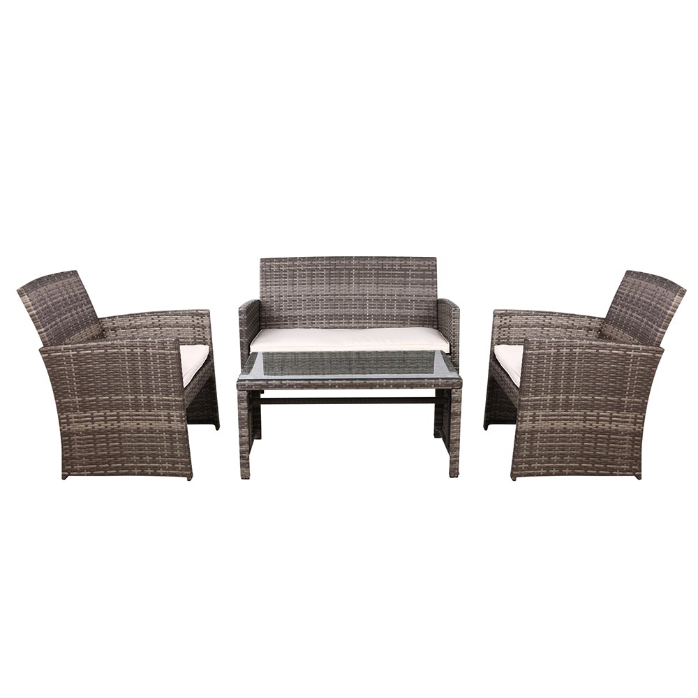 Gardeon Garden Furniture Outdoor Lounge Setting featuring a wicker sofa set with two armchairs, a two-seater sofa, and a matching table in grey and beige.