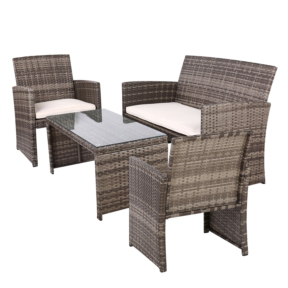 Gardeon Garden Furniture Outdoor Lounge Setting featuring a wicker sofa set with two armchairs, a two-seater sofa, and a matching table in grey and beige.