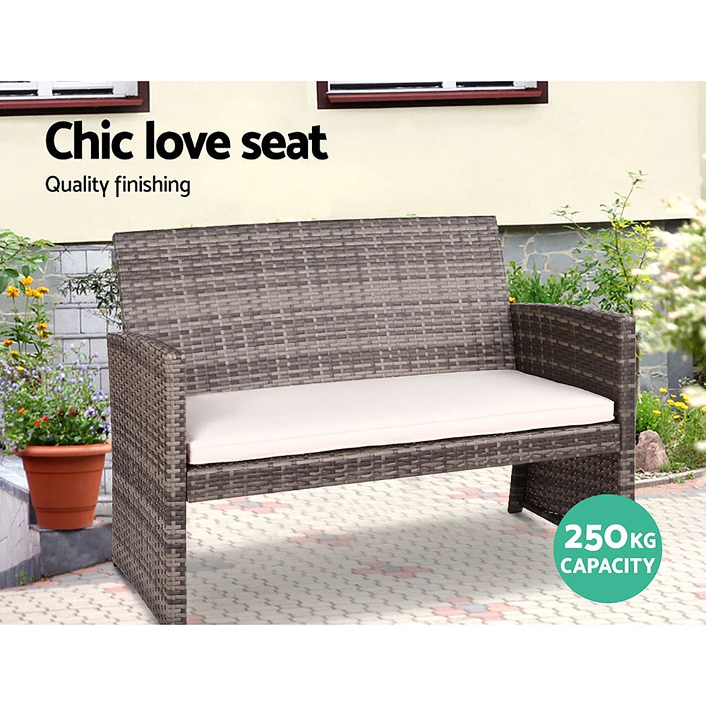 Gardeon Garden Furniture Outdoor Lounge Setting featuring a wicker sofa set with two armchairs, a two-seater sofa, and a matching table in grey and beige.