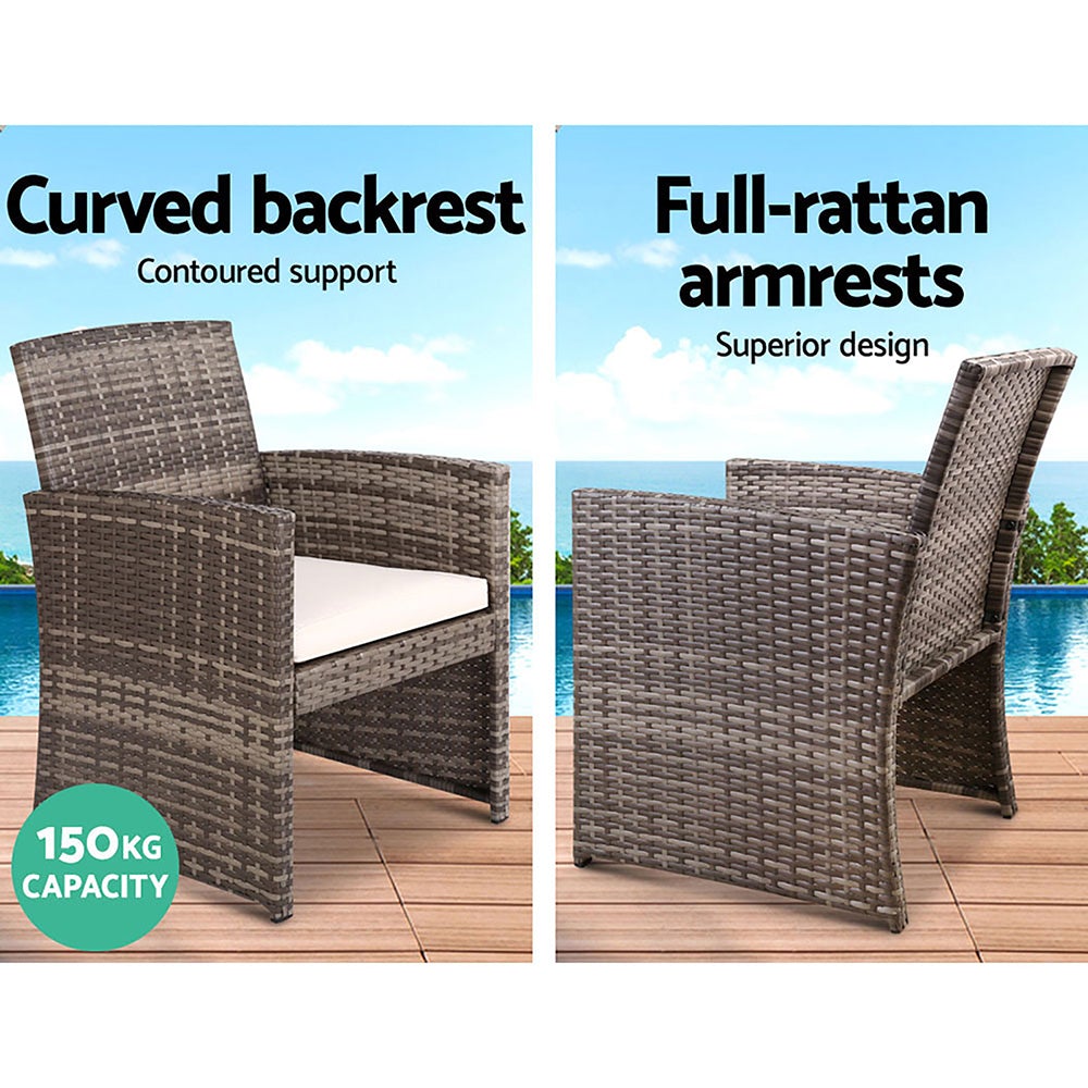 Gardeon Garden Furniture Outdoor Lounge Setting featuring a wicker sofa set with two armchairs, a two-seater sofa, and a matching table in grey and beige.