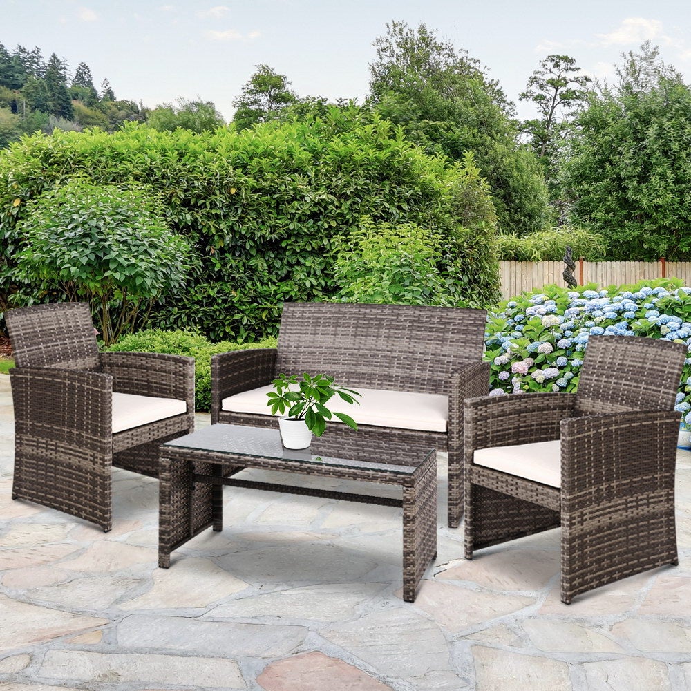 Gardeon Garden Furniture Outdoor Lounge Setting featuring a wicker sofa set with two armchairs, a two-seater sofa, and a matching table in grey and beige.