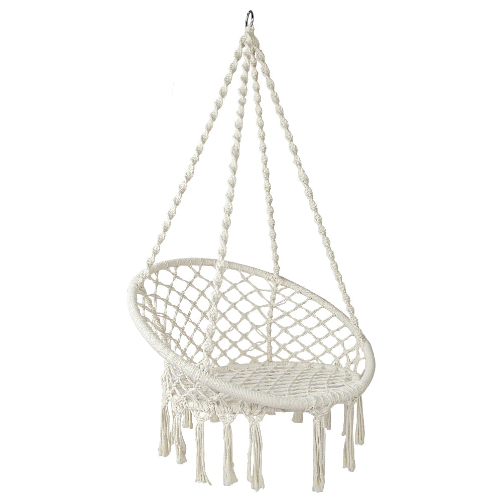 Gardeon Hammock Chair Swing Bed in cream color, featuring hand-made tassels and a solid timber rail, suitable for indoor and outdoor use.