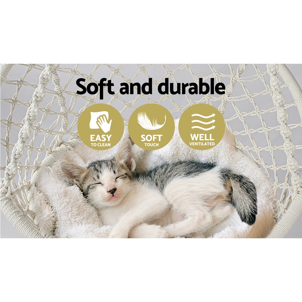 Gardeon Hammock Chair Swing Bed in cream color, featuring hand-made tassels and a solid timber rail, suitable for indoor and outdoor use.