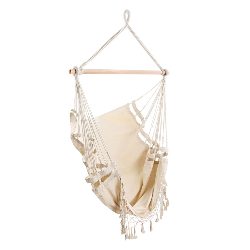 Gardeon Hammock Swing Chair in creamy white, featuring a soft polyester cotton blend fabric and a natural timber rail, perfect for indoor and outdoor relaxation.