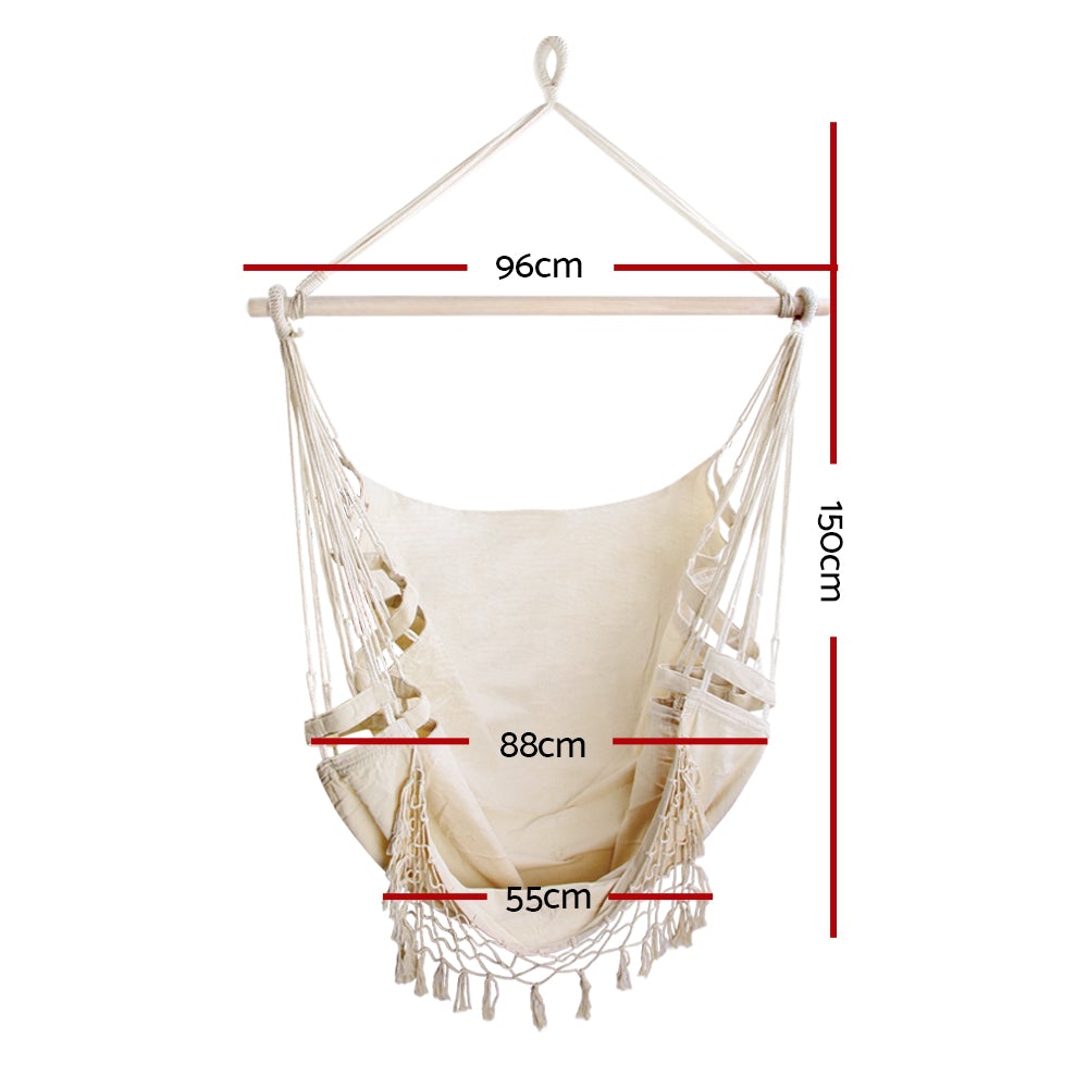 Gardeon Hammock Swing Chair in creamy white, featuring a soft polyester cotton blend fabric and a natural timber rail, perfect for indoor and outdoor relaxation.