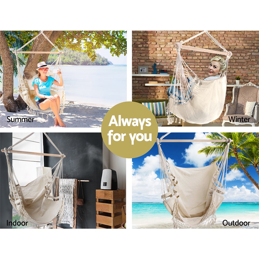 Gardeon Hammock Swing Chair in creamy white, featuring a soft polyester cotton blend fabric and a natural timber rail, perfect for indoor and outdoor relaxation.