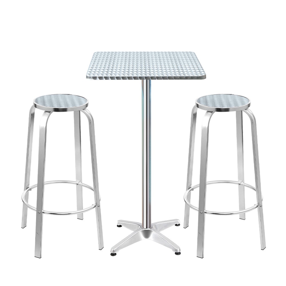 Gardeon Outdoor Bistro Set featuring adjustable aluminium bar table and two stylish stools, perfect for outdoor entertaining.