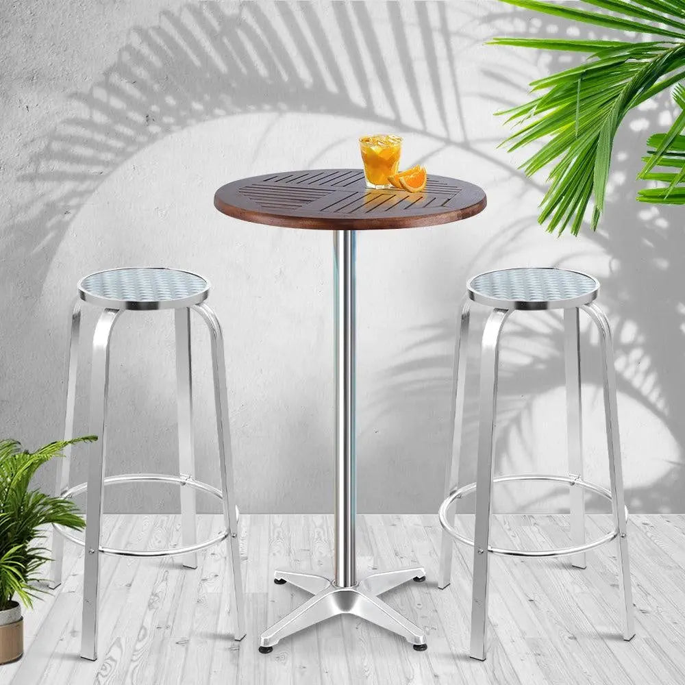 Gardeon Outdoor Bistro Set featuring adjustable aluminium bar table and two stools, perfect for stylish outdoor gatherings.