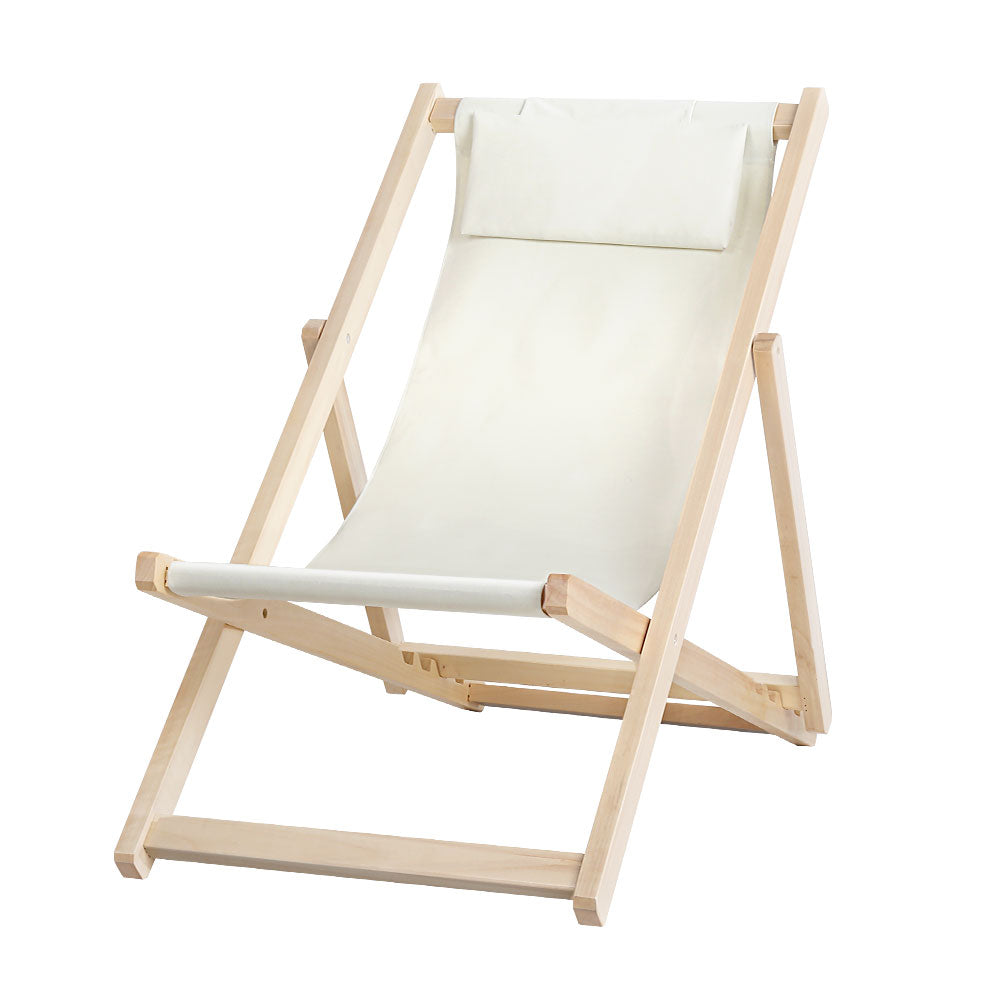 Gardeon Outdoor Chairs Sun Lounge Deck Beach Chair in beige, made from poplar wood with a padded pillow and adjustable backrest.