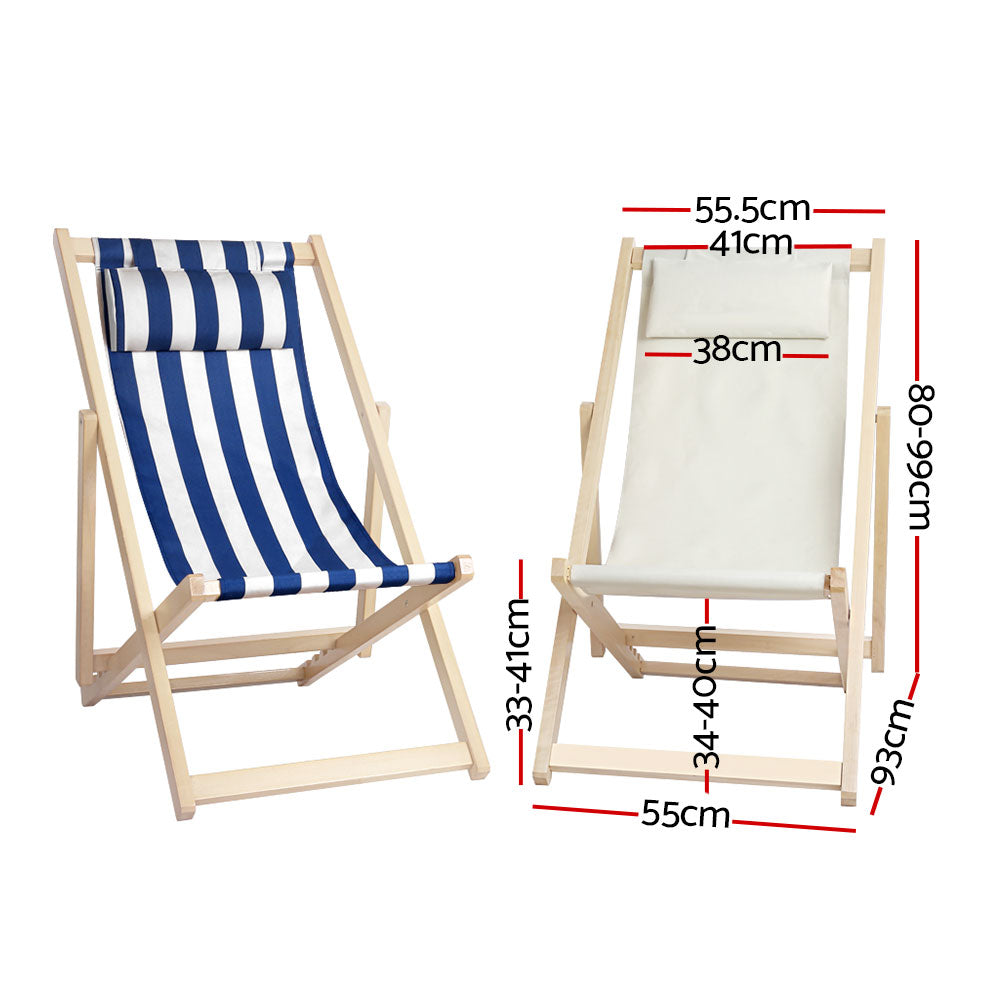 Gardeon Outdoor Chairs Sun Lounge Deck Beach Chair in beige, made from poplar wood with a padded pillow and adjustable backrest.