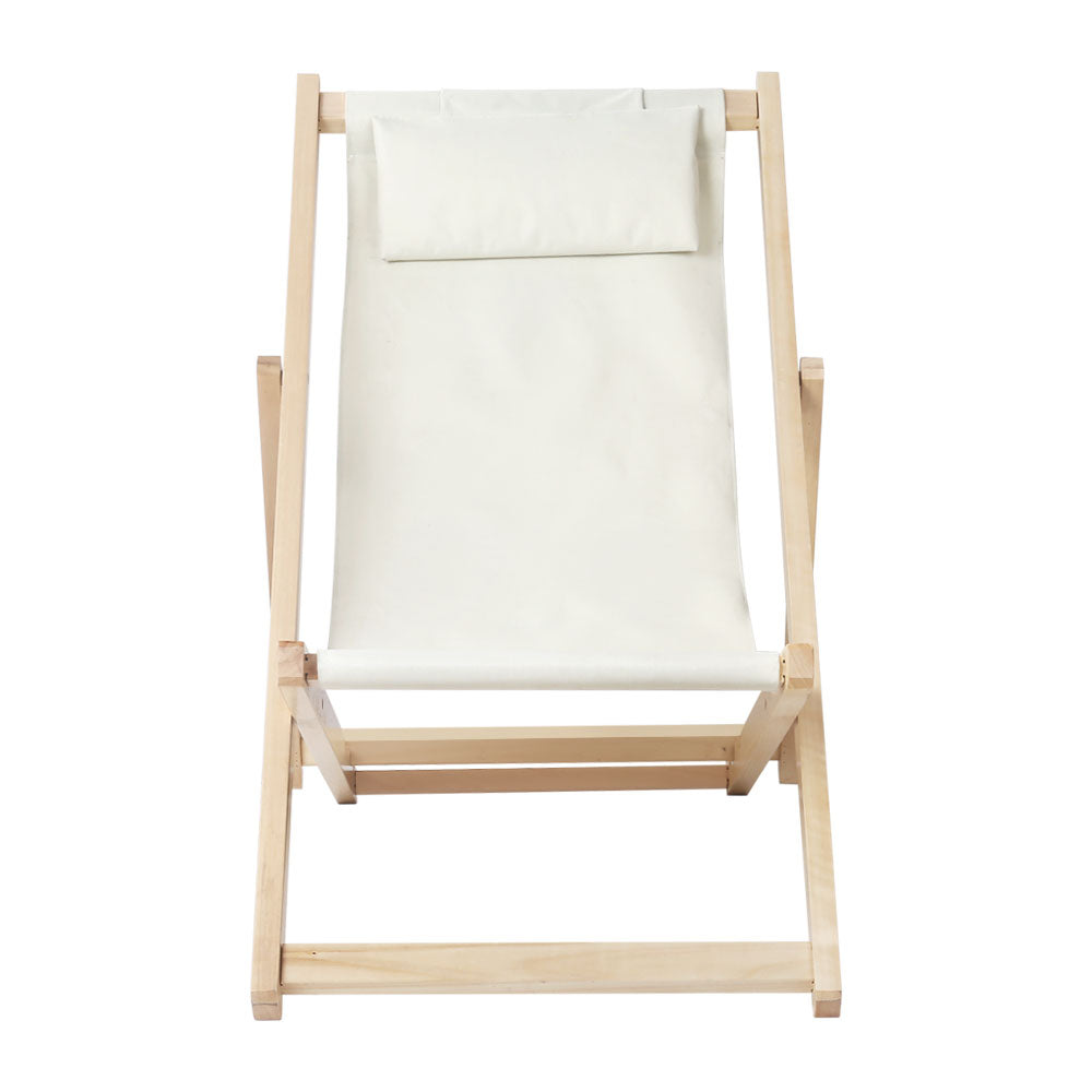 Gardeon Outdoor Chairs Sun Lounge Deck Beach Chair in beige, made from poplar wood with a padded pillow and adjustable backrest.