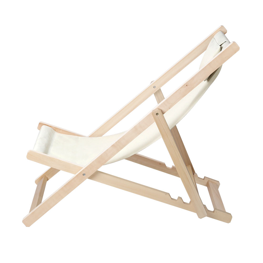 Gardeon Outdoor Chairs Sun Lounge Deck Beach Chair in beige, made from poplar wood with a padded pillow and adjustable backrest.