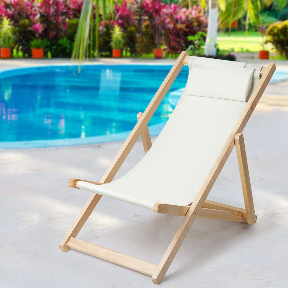 Gardeon Outdoor Chairs Sun Lounge Deck Beach Chair in beige, made from poplar wood with a padded pillow and adjustable backrest.