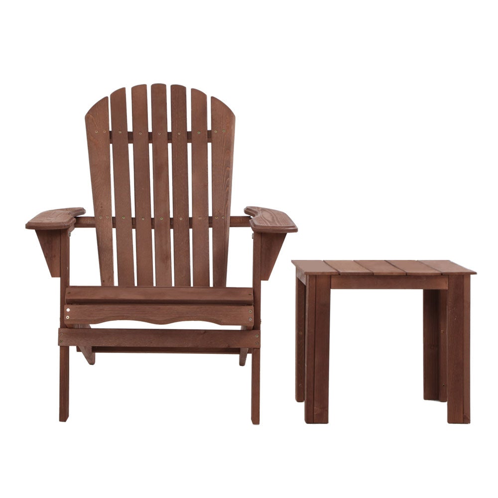 Gardeon Outdoor Folding Beach Camping Chairs Table Set featuring a classic Adirondack chair and matching side table in brown Canadian fir wood.