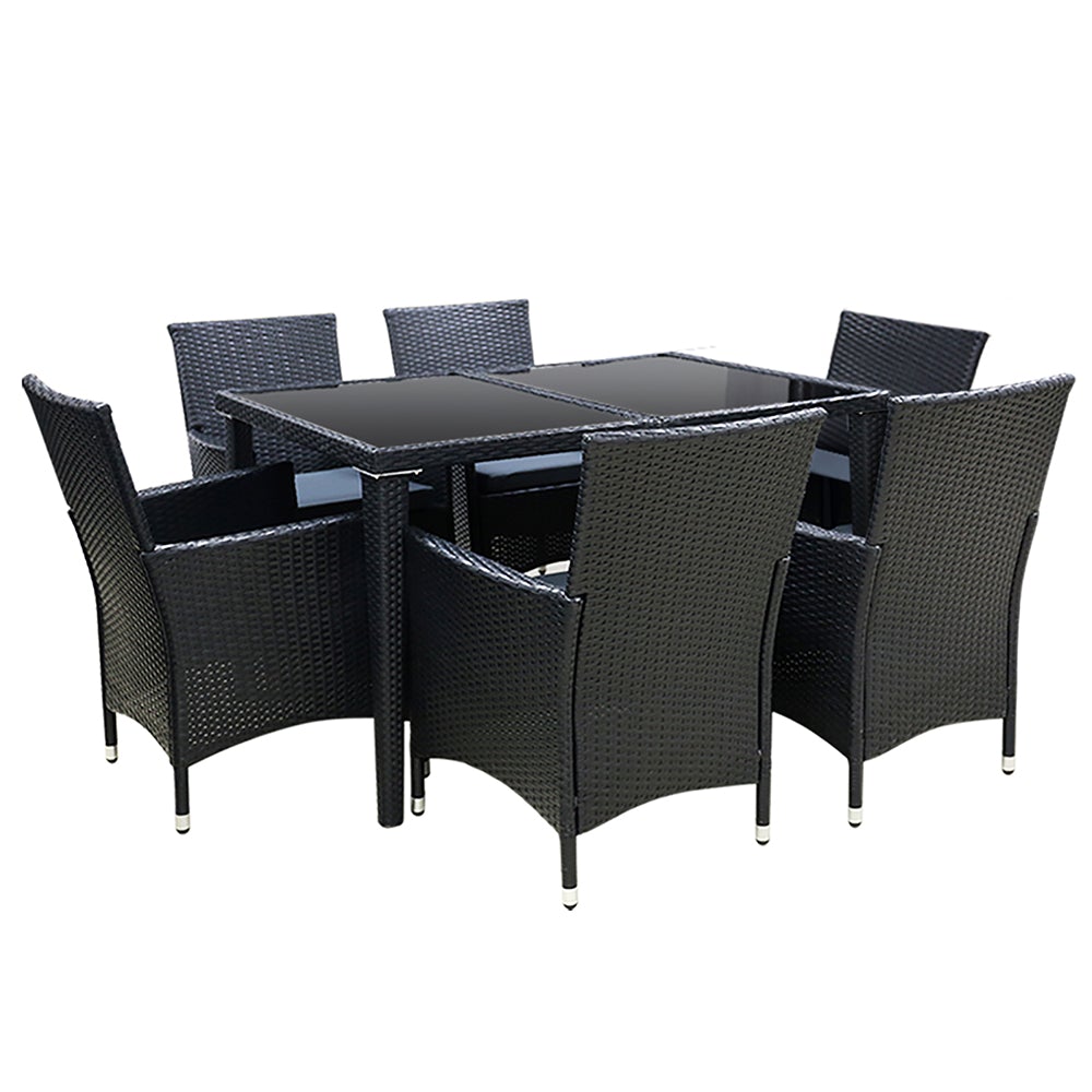 Gardeon Outdoor Furniture 7pcs Dining Set featuring six chairs and a spacious table with a glass top, designed for outdoor dining.