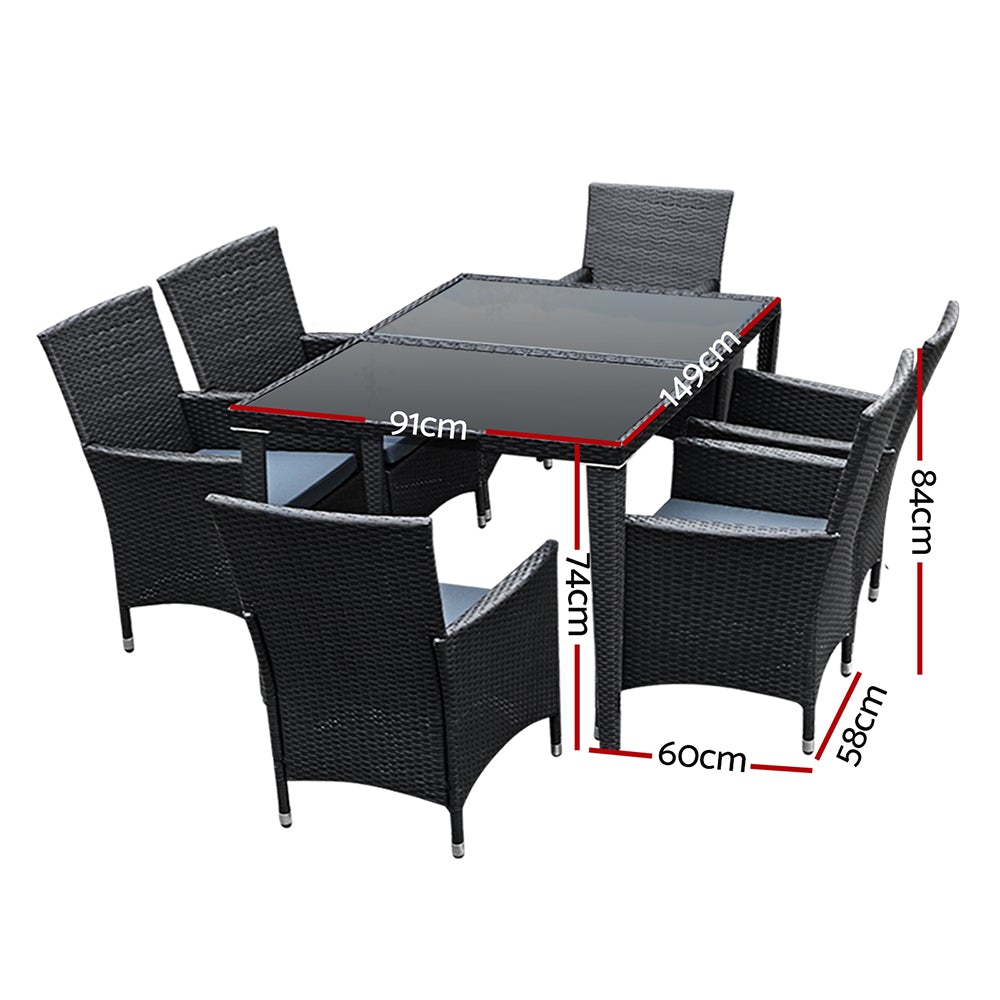 Gardeon Outdoor Furniture 7pcs Dining Set featuring six chairs and a spacious table with a glass top, designed for outdoor dining.