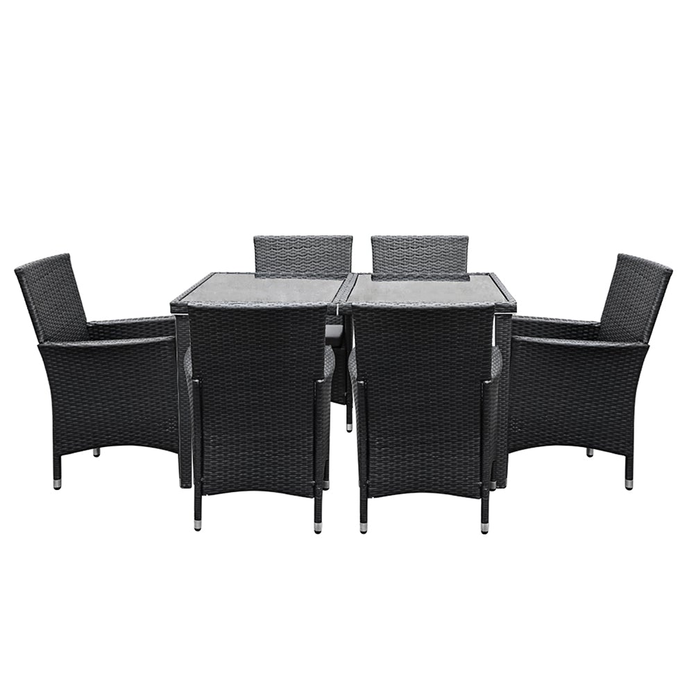 Gardeon Outdoor Furniture 7pcs Dining Set featuring six chairs and a spacious table with a glass top, designed for outdoor dining.