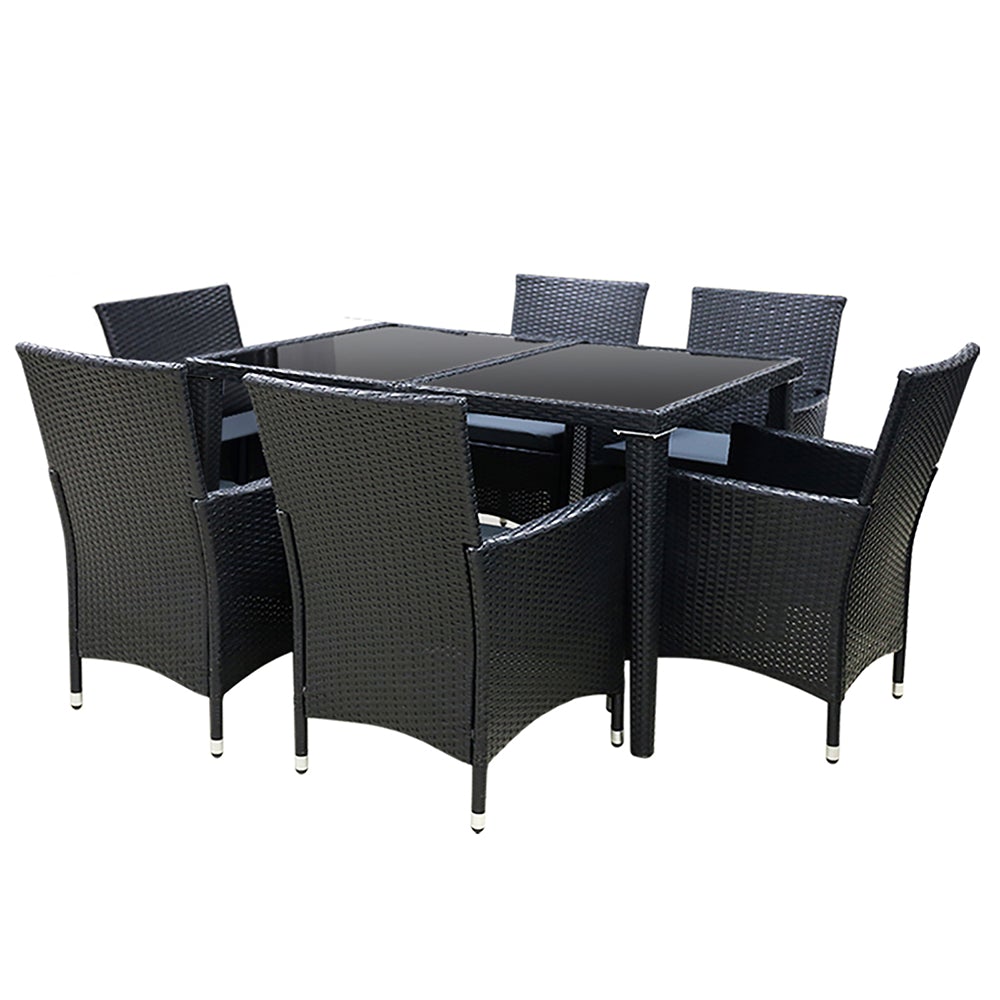 Gardeon Outdoor Furniture 7pcs Dining Set featuring six chairs and a spacious table with a glass top, designed for outdoor dining.