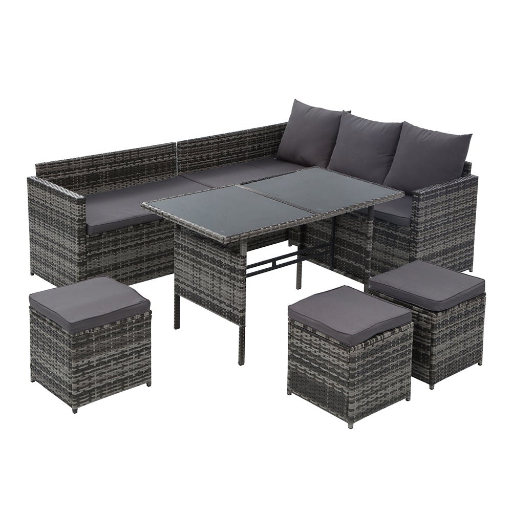 Gardeon Outdoor Furniture Dining Setting Sofa Set featuring a 9-seater wicker design with cushions and a glass-top table, perfect for outdoor gatherings.