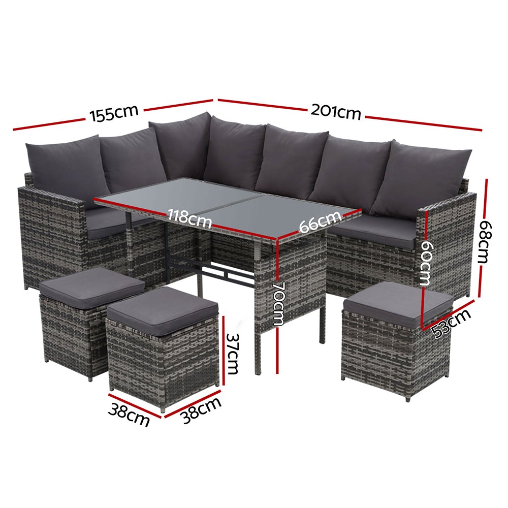 Gardeon Outdoor Furniture Dining Setting Sofa Set featuring a 9-seater wicker design with cushions and a glass-top table, perfect for outdoor gatherings.