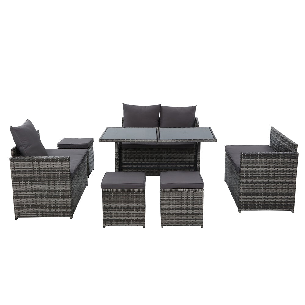 Gardeon Outdoor Furniture Dining Setting Sofa Set featuring a 9-seater wicker design with cushions and a glass-top table, perfect for outdoor gatherings.