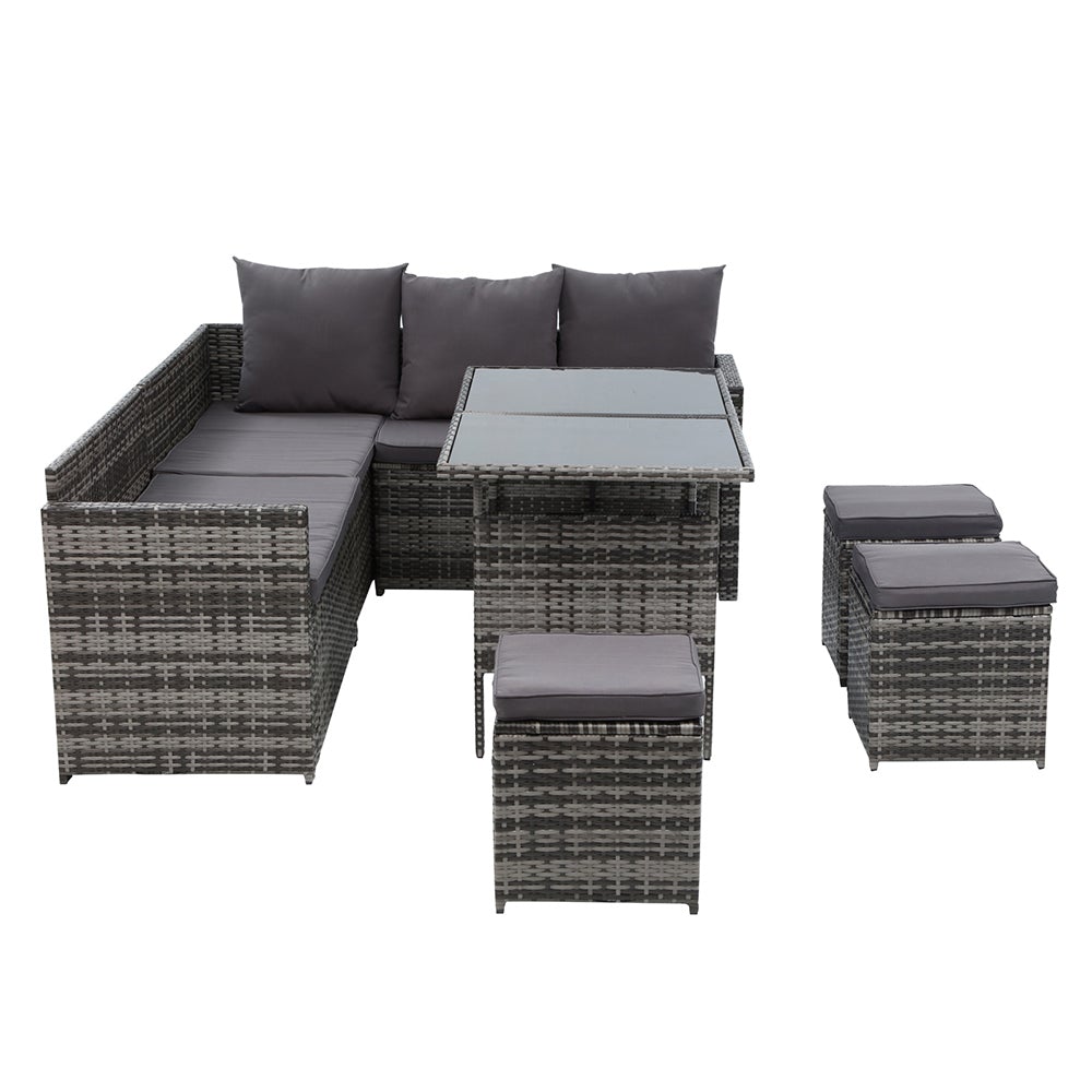 Gardeon Outdoor Furniture Dining Setting Sofa Set featuring a 9-seater wicker design with cushions and a glass-top table, perfect for outdoor gatherings.