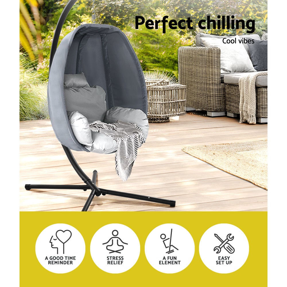 Gardeon Outdoor Furniture Egg Hammock Hanging Swing Chair Pod Lounge with soft cushion and sturdy steel frame in a stylish grey color.