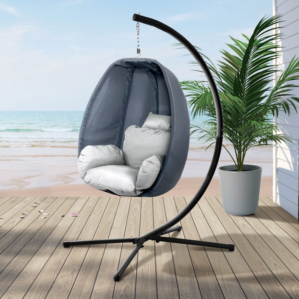 Gardeon Outdoor Furniture Egg Hammock Hanging Swing Chair Pod Lounge with soft cushion and sturdy steel frame in a stylish grey color.