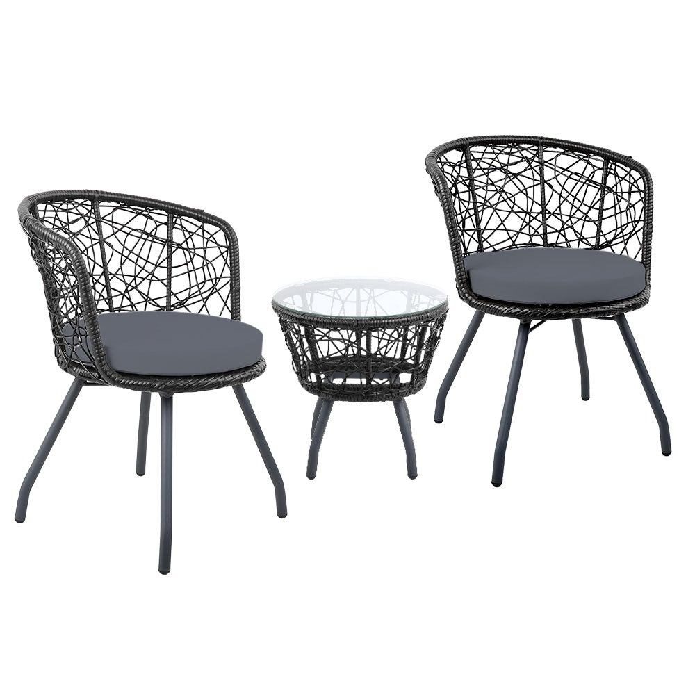 Gardeon Outdoor Patio Chair and Table set in black, featuring two rattan chairs with grey cushions and a matching side table with a glass top.