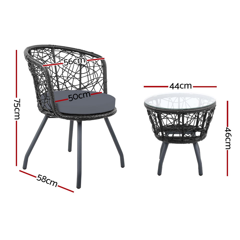 Gardeon Outdoor Patio Chair and Table set in black, featuring two rattan chairs with grey cushions and a matching side table with a glass top.