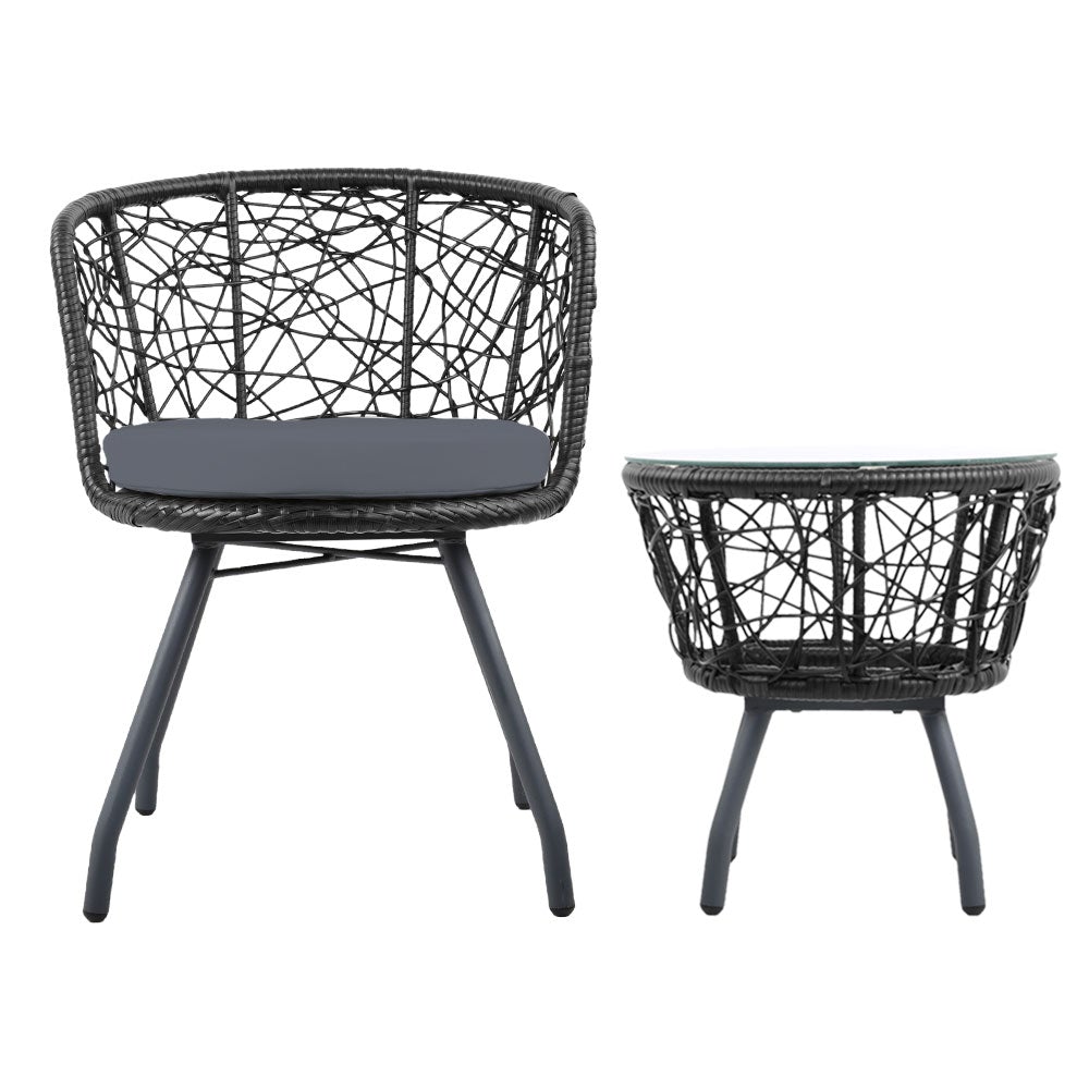 Gardeon Outdoor Patio Chair and Table set in black, featuring two rattan chairs with grey cushions and a matching side table with a glass top.