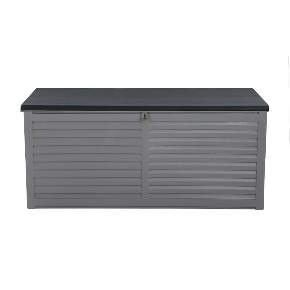 Gardeon Outdoor Storage Box in dark grey, showcasing its large capacity and stylish design, used as a bench seat in a garden setting.