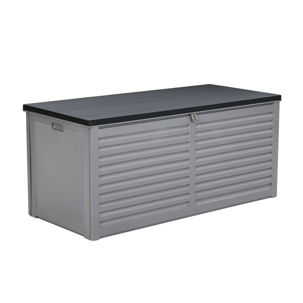 Gardeon Outdoor Storage Box in dark grey, showcasing its large capacity and stylish design, used as a bench seat in a garden setting.