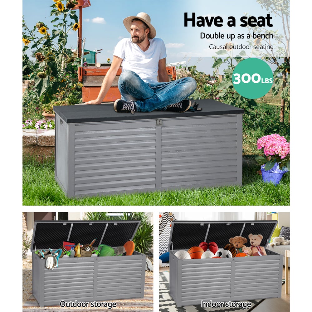 Gardeon Outdoor Storage Box in dark grey, showcasing its large capacity and stylish design, used as a bench seat in a garden setting.