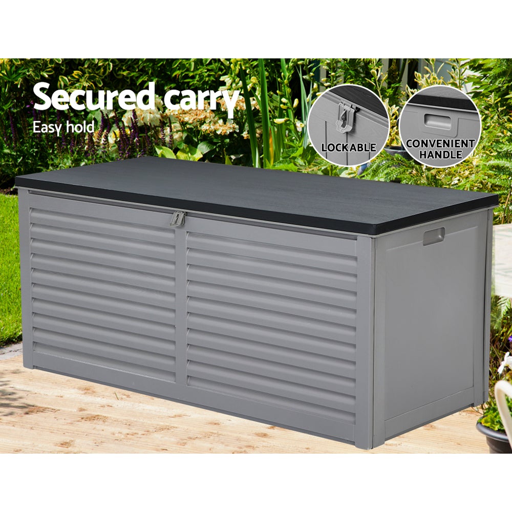 Gardeon Outdoor Storage Box in dark grey, showcasing its large capacity and stylish design, used as a bench seat in a garden setting.