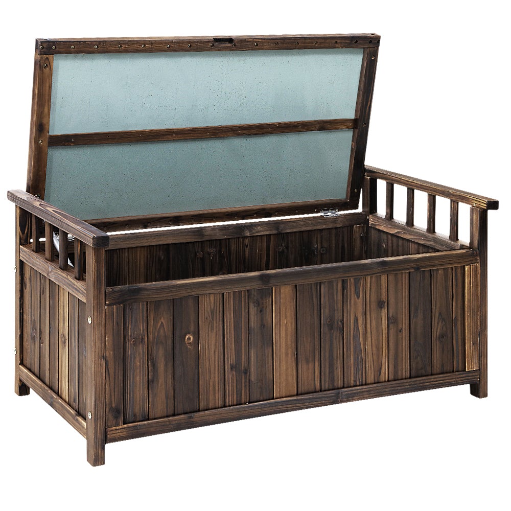 Gardeon Outdoor Storage Box Wooden Garden Bench in charcoal color, showcasing its dual function as a bench and storage solution in a garden setting.