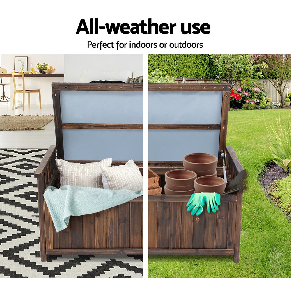 Gardeon Outdoor Storage Box Wooden Garden Bench in charcoal color, showcasing its dual function as a bench and storage solution in a garden setting.