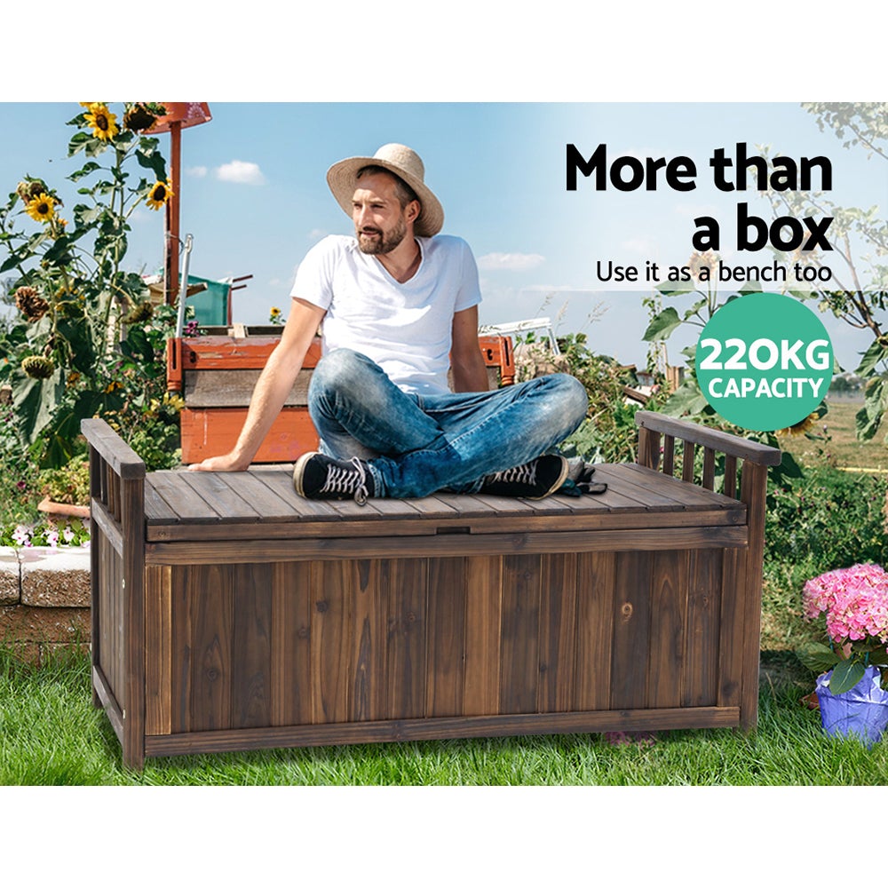 Gardeon Outdoor Storage Box Wooden Garden Bench in charcoal color, showcasing its dual function as a bench and storage solution in a garden setting.