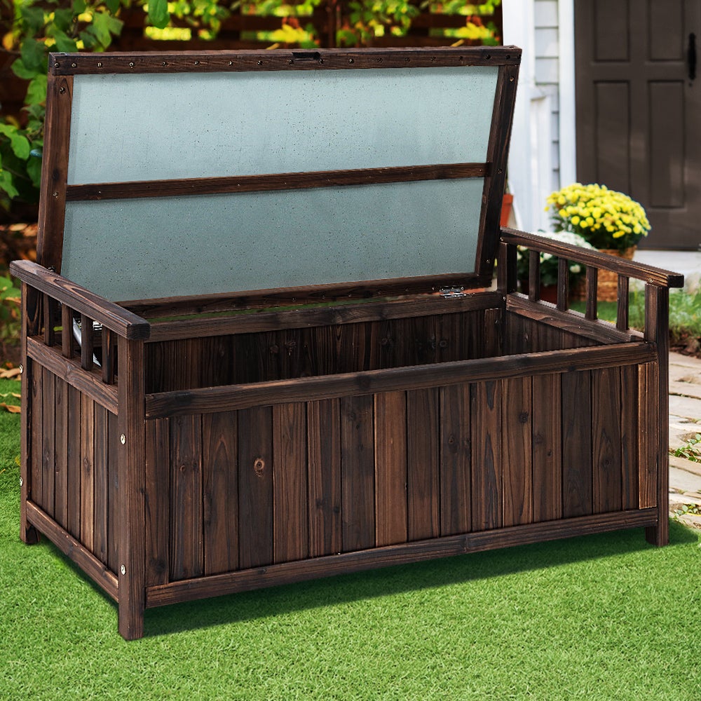 Gardeon Outdoor Storage Box Wooden Garden Bench in charcoal color, showcasing its dual function as a bench and storage solution in a garden setting.