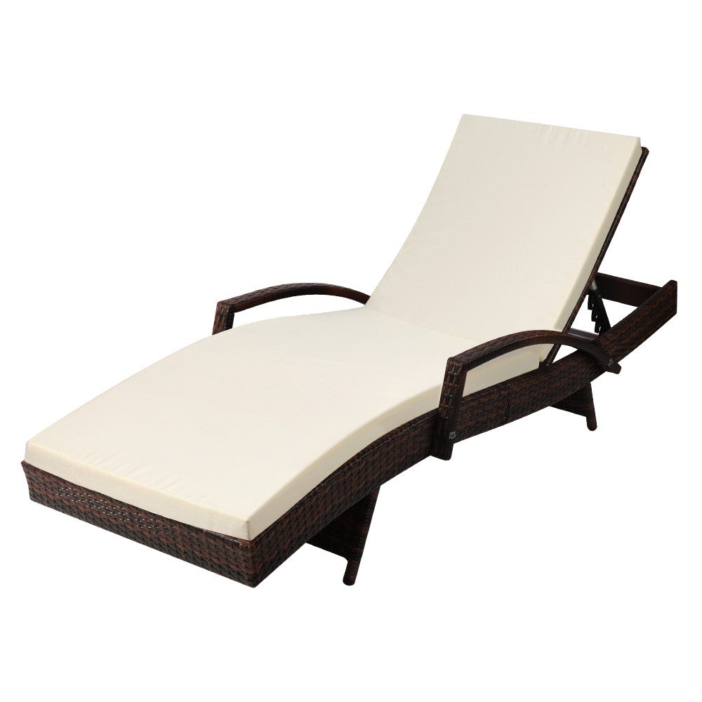 Gardeon Outdoor Sun Lounge in brown with beige cushions, featuring adjustable backrest and elegant design, perfect for outdoor relaxation.